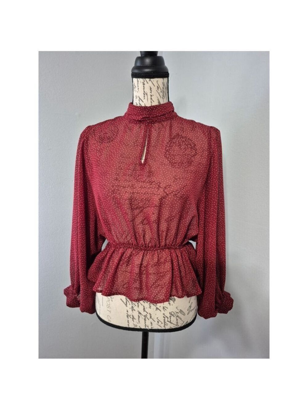 Women's LOVE TREE Red White Polka Dot Sheer Crop Peplum Blouse S